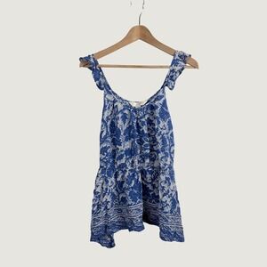 McGinn Top Womens S Blue White Silk Toile Ruffle Strap Peplum Tank MM1223T-RB